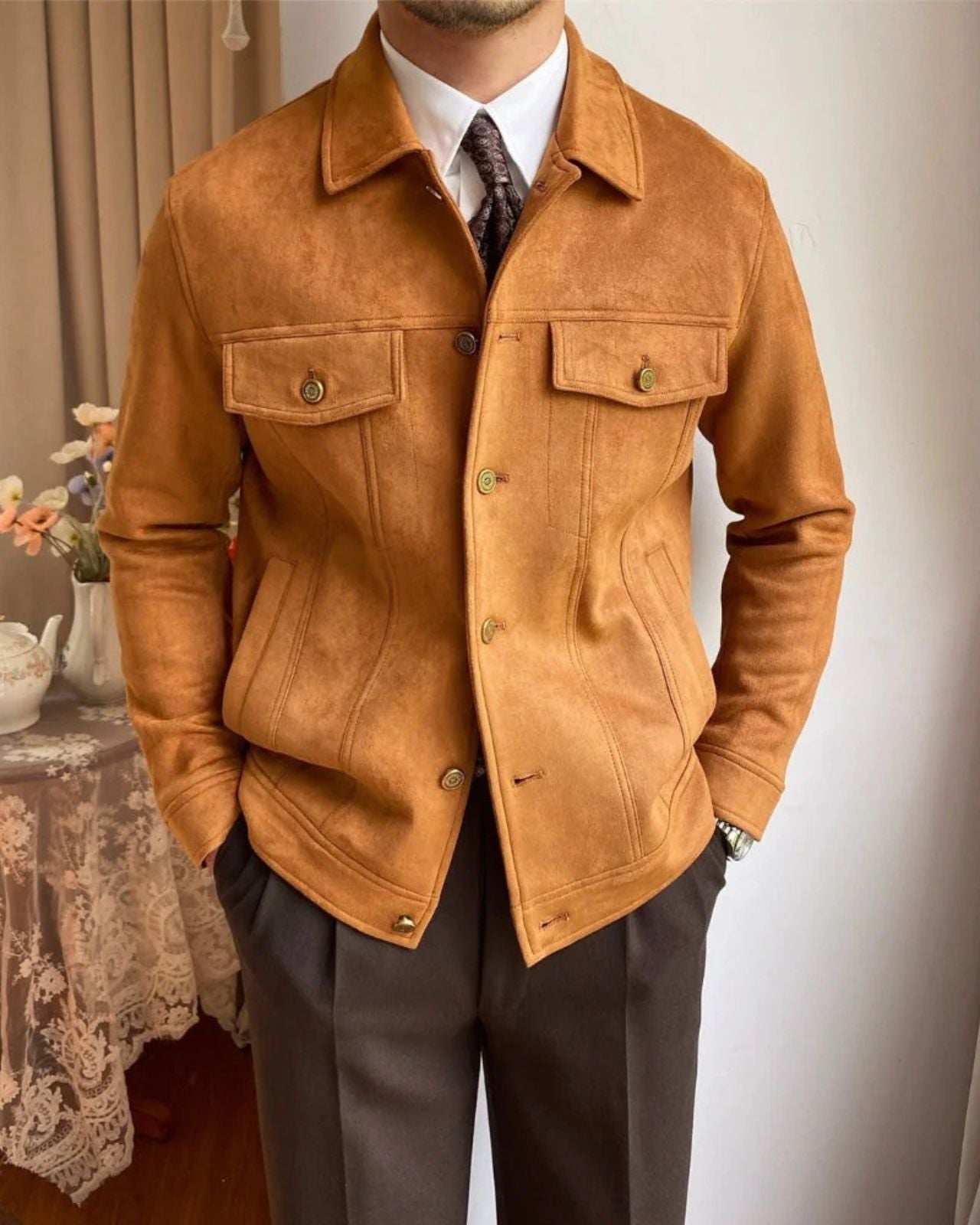 Aurazio Giacca in camoscio con revers da uomo