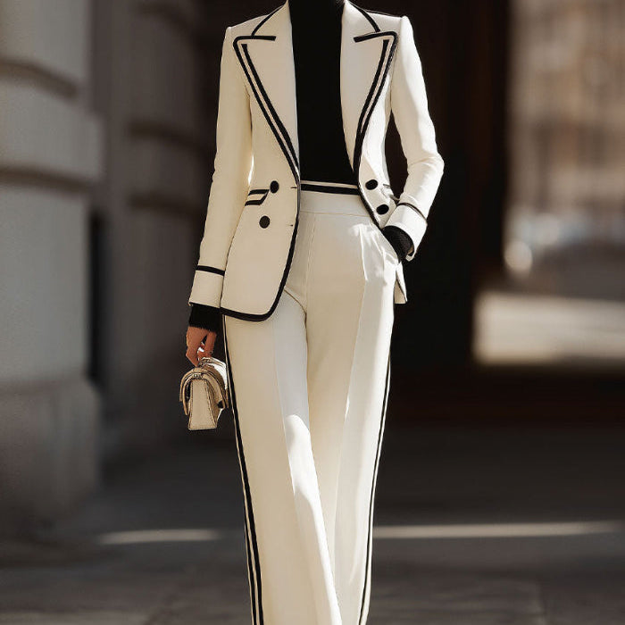 Tailleur Donna Doppiopetto con Profili a Contrasto Pantaloni Palazzo