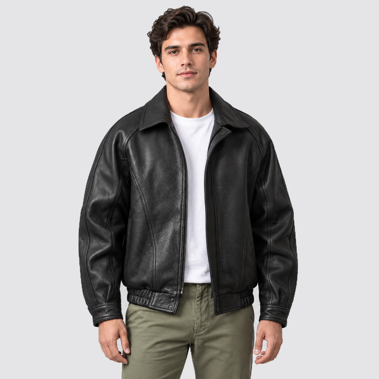 Giacca Bomber Uomo Effetto Pelle Nera con Colletto Vintage