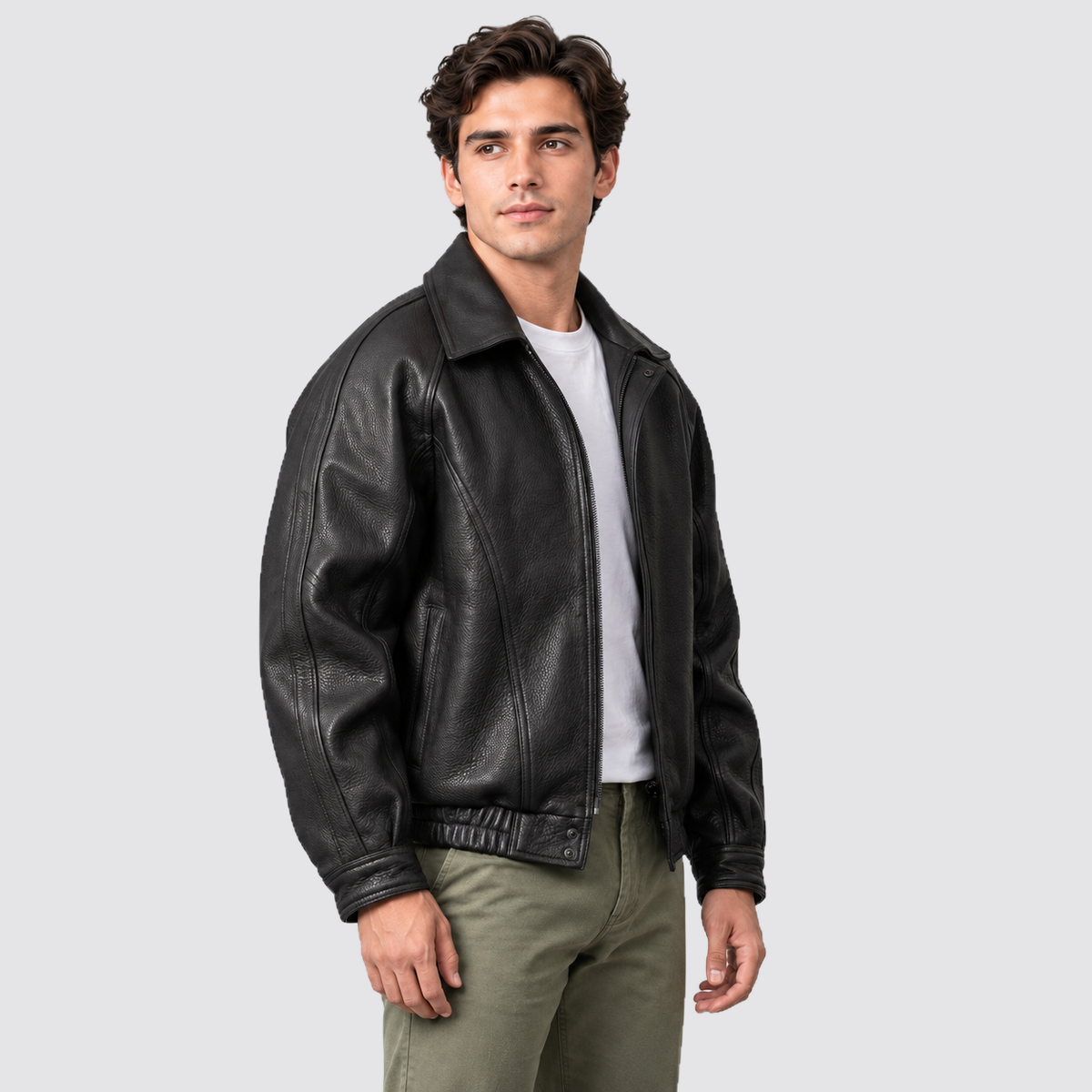 Giacca Bomber Uomo Effetto Pelle Nera con Colletto Vintage