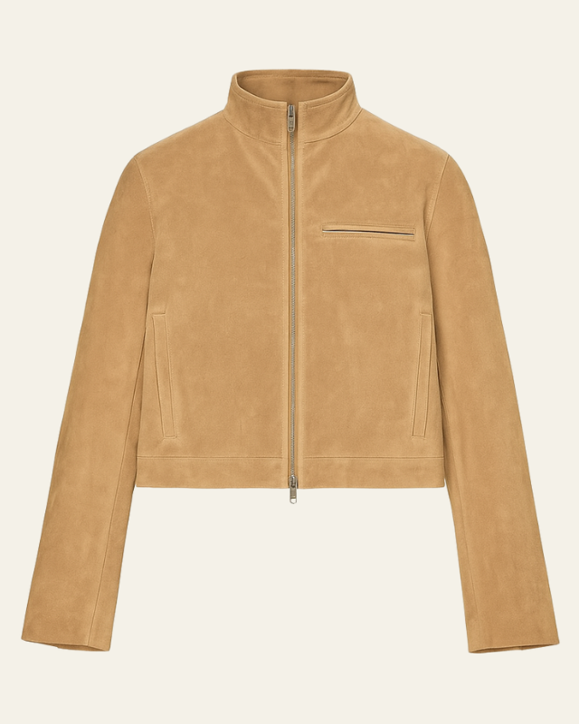 Giacca Donna Corta in Pelle Vegana Scamosciata Collo a Stand