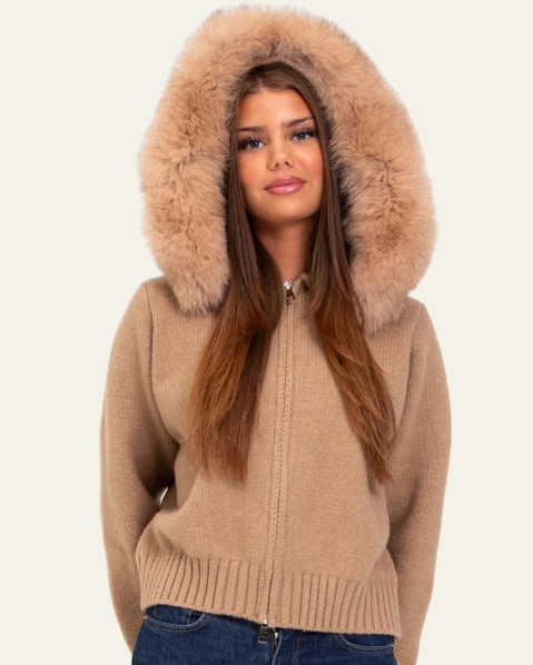 Gilet Donna in Maglia di Lana Cappuccio Bordo Pelliccia Sintetica