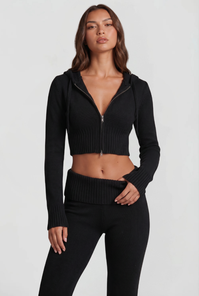 Completo Donna in Maglia Felpa con Zip Corta e Pantaloni Zampa