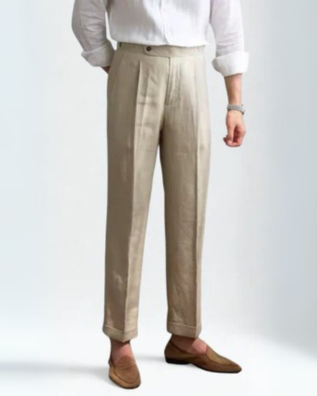 Aurazio Pantaloni in lino a pieghe da uomo