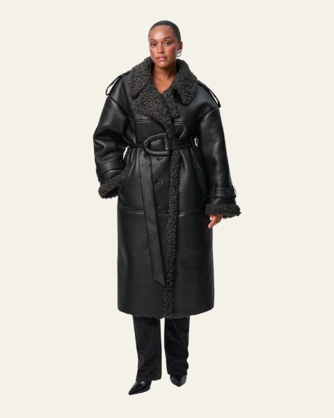 Cappotto Donna Lungo in Pelle Vegana Fodera Shearling Sintetico
