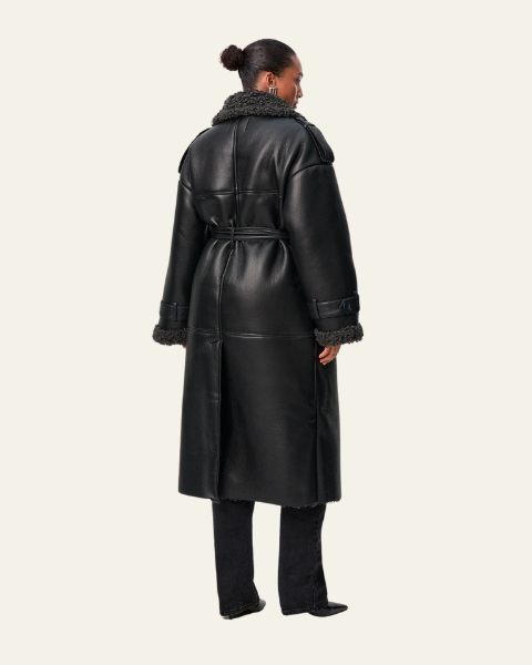 Cappotto Donna Lungo in Pelle Vegana Fodera Shearling Sintetico