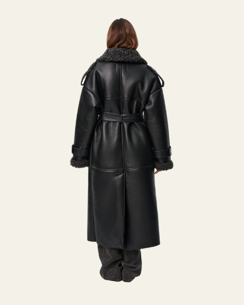 Cappotto Donna Lungo in Pelle Vegana Fodera Shearling Sintetico