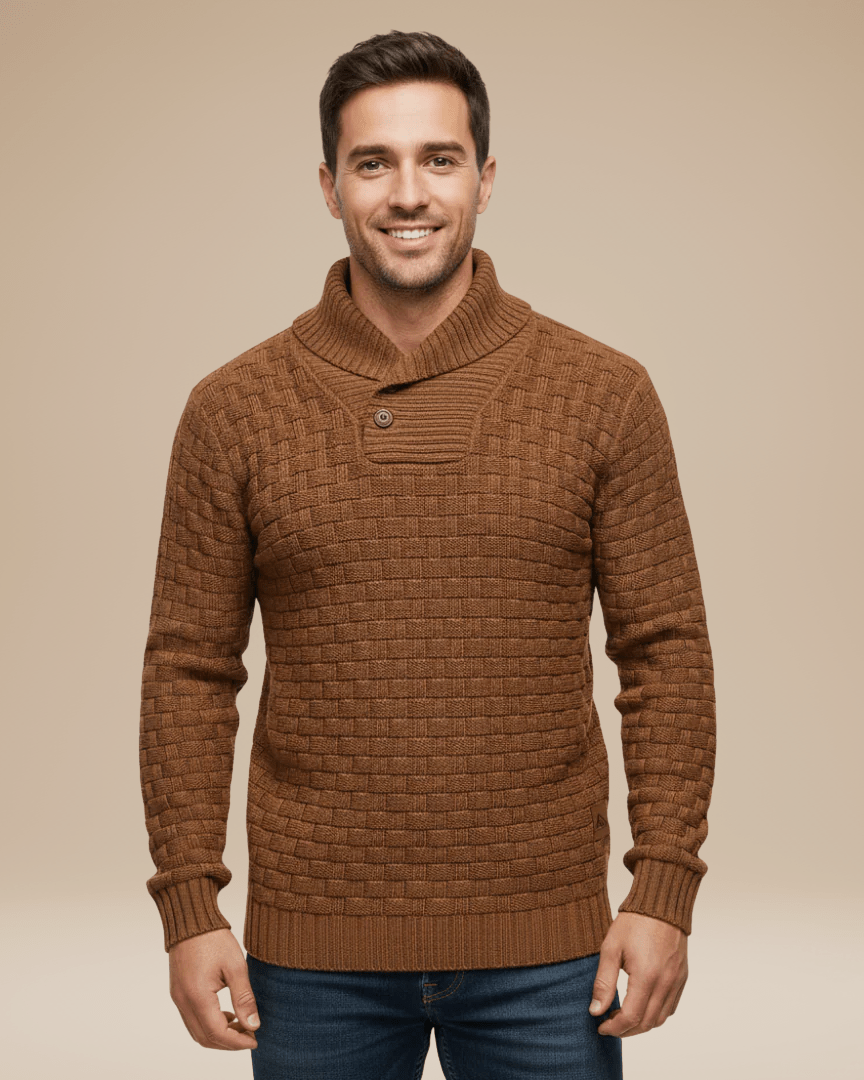 Aurazio Maglione Uomo Collo Sciallato Con Bottoni Caldo In Filato Medio Elegante Trama A Cestino