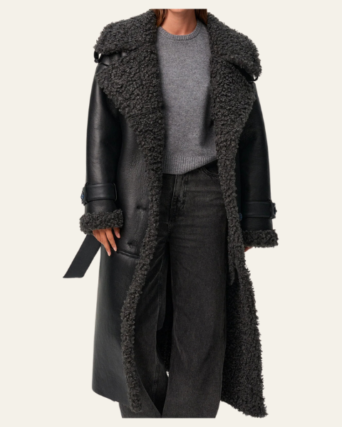 Cappotto Donna Lungo in Pelle Vegana Fodera Shearling Sintetico