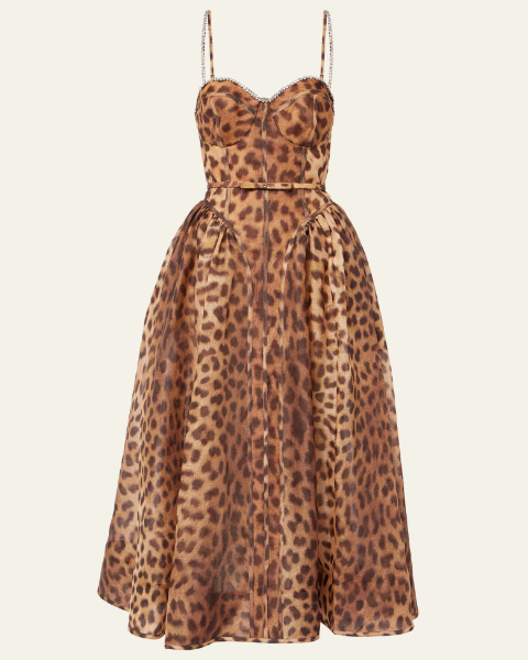 Aurazio Abito Midi Leopardato in Seta con Corsetto Strutturato da donna