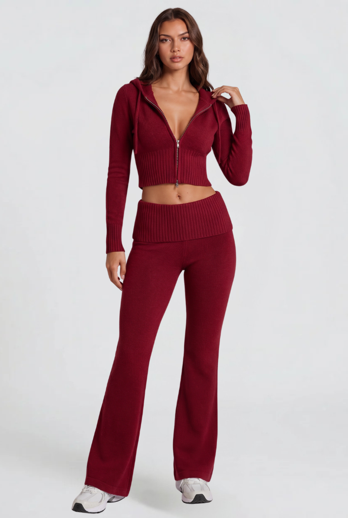 Completo Donna in Maglia Felpa con Zip Corta e Pantaloni Zampa