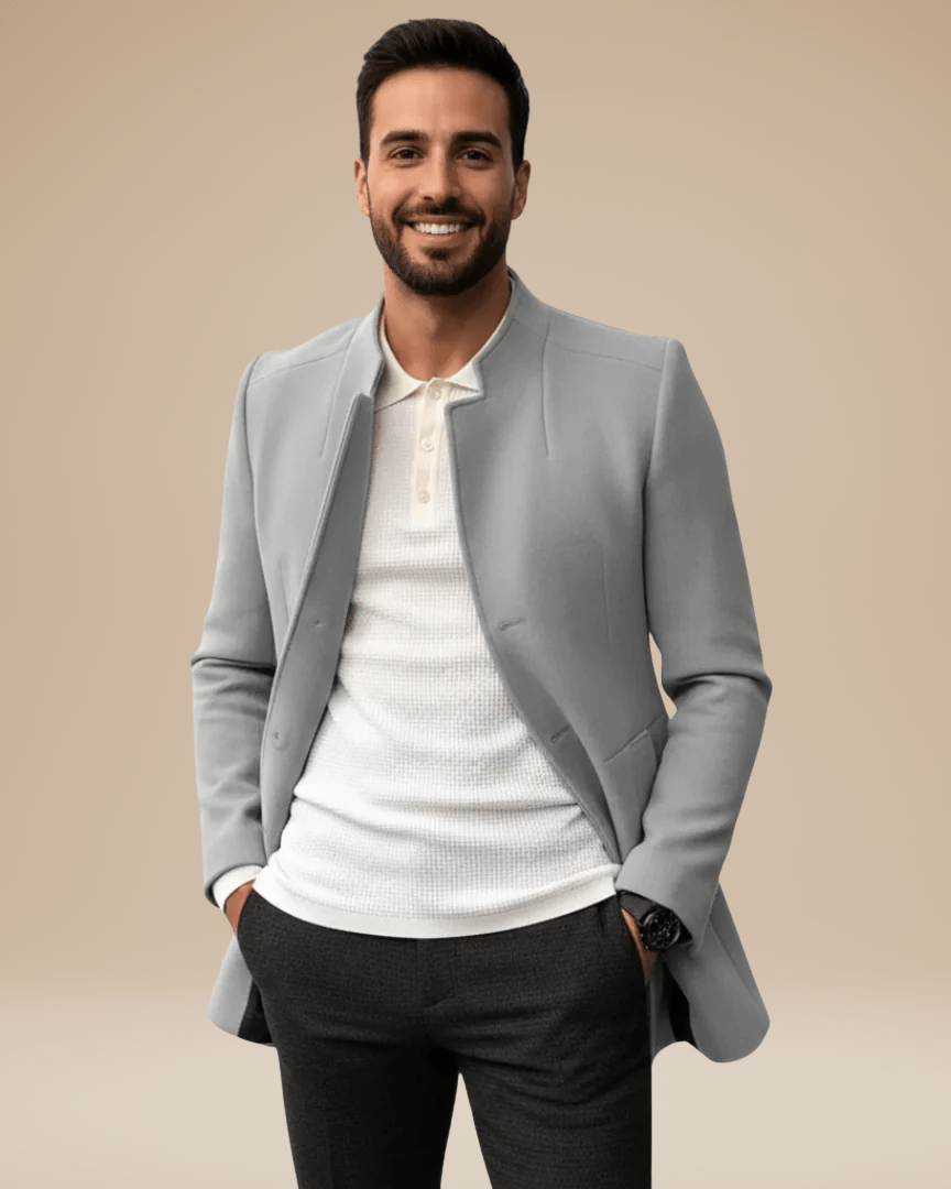 Aurazio Cappotto Uomo Raffinato Con Colletto Coreano Taglio Affusolato Chiusura Nascosta