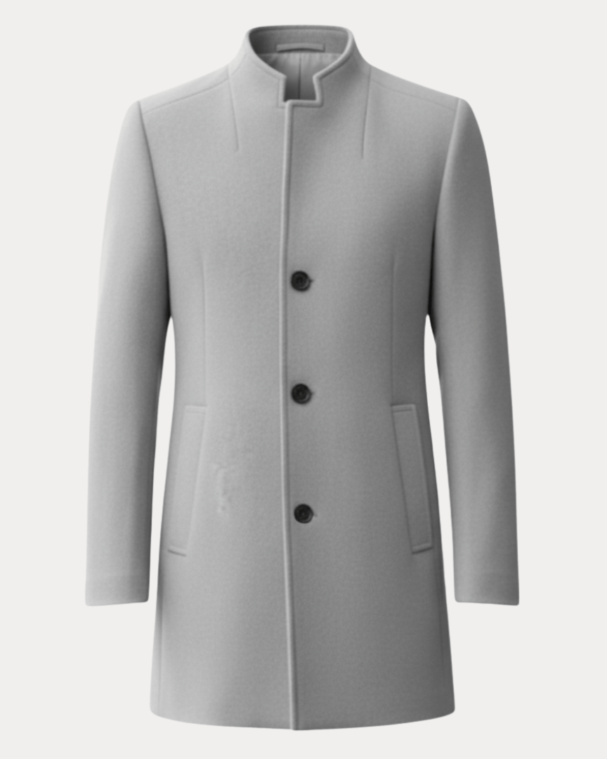 Aurazio Cappotto Uomo Raffinato Con Colletto Coreano Taglio Affusolato Chiusura Nascosta