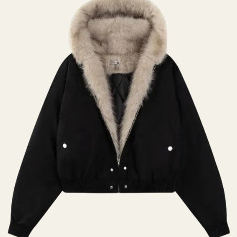 Giacca Bomber Donna con Cappuccio in Pelliccia Sintetica