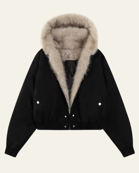 Giacca Bomber Donna con Cappuccio in Pelliccia Sintetica
