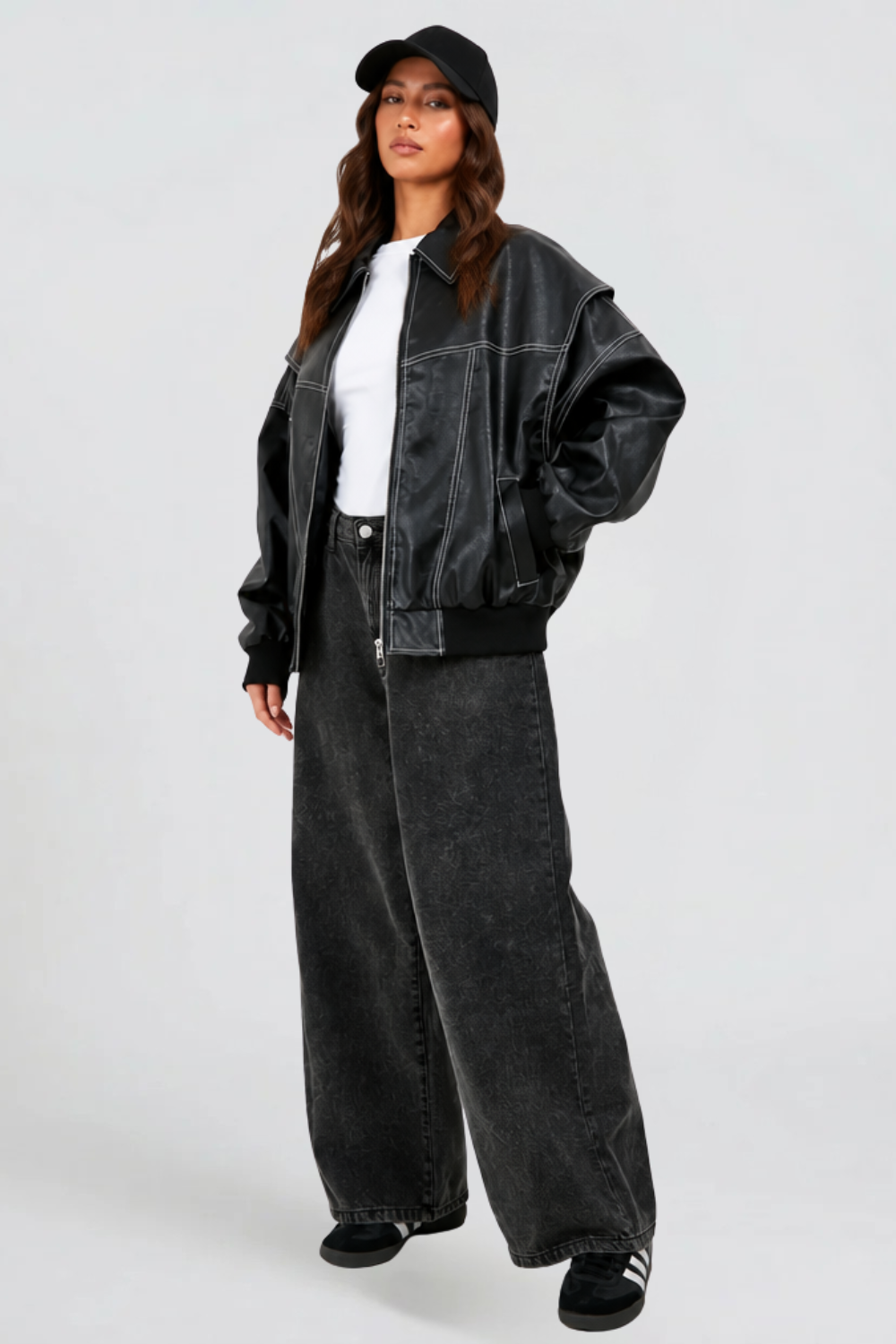 Giacca Bomber Donna in Pelle Oversize con Orlo Elastico
