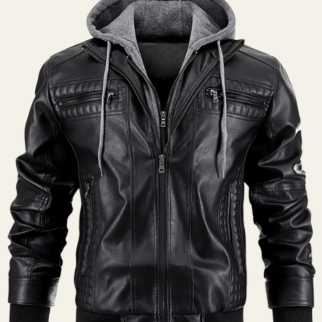 Aurazio Giacca Biker con Cappuccio in Pelle Vegana da Uomo