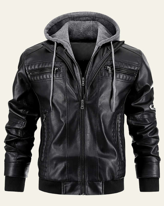 Aurazio Giacca Biker con Cappuccio in Pelle Vegana da Uomo