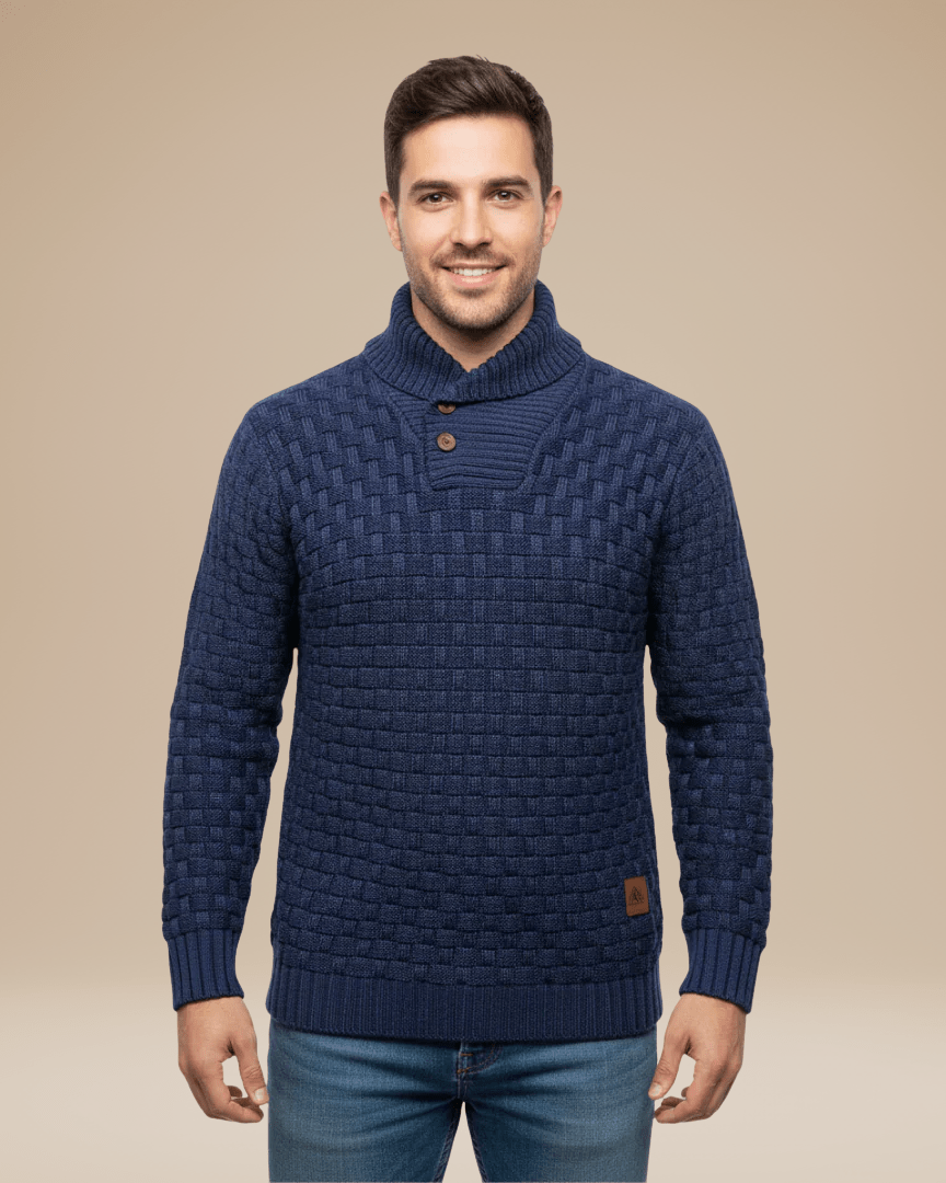 Aurazio Maglione Uomo Collo Sciallato Con Bottoni Caldo In Filato Medio Elegante Trama A Cestino