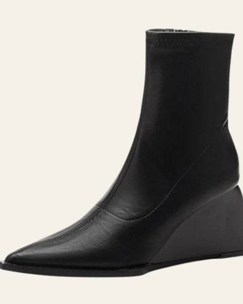 Stivaletti Donna con Zeppa in Pelle Vegana Punta Affilata