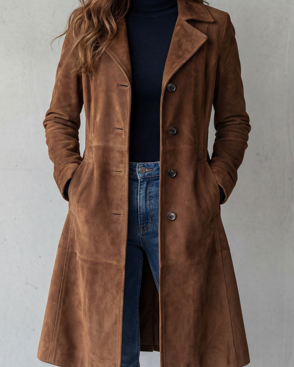 Cappotto Donna Lungo Effetto Camoscio Vintage Linea Longline