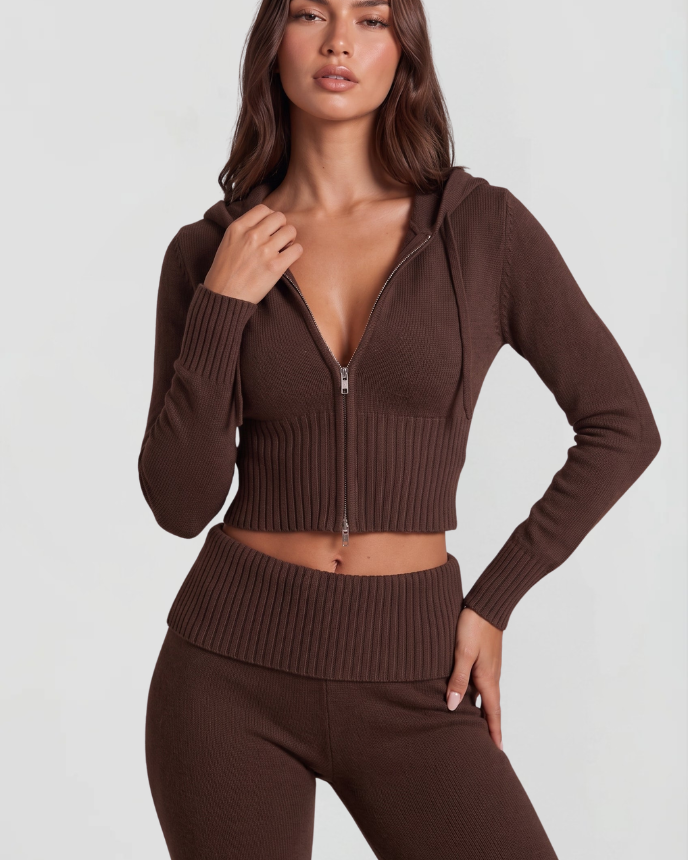 Completo Donna in Maglia Felpa con Zip Corta e Pantaloni Zampa