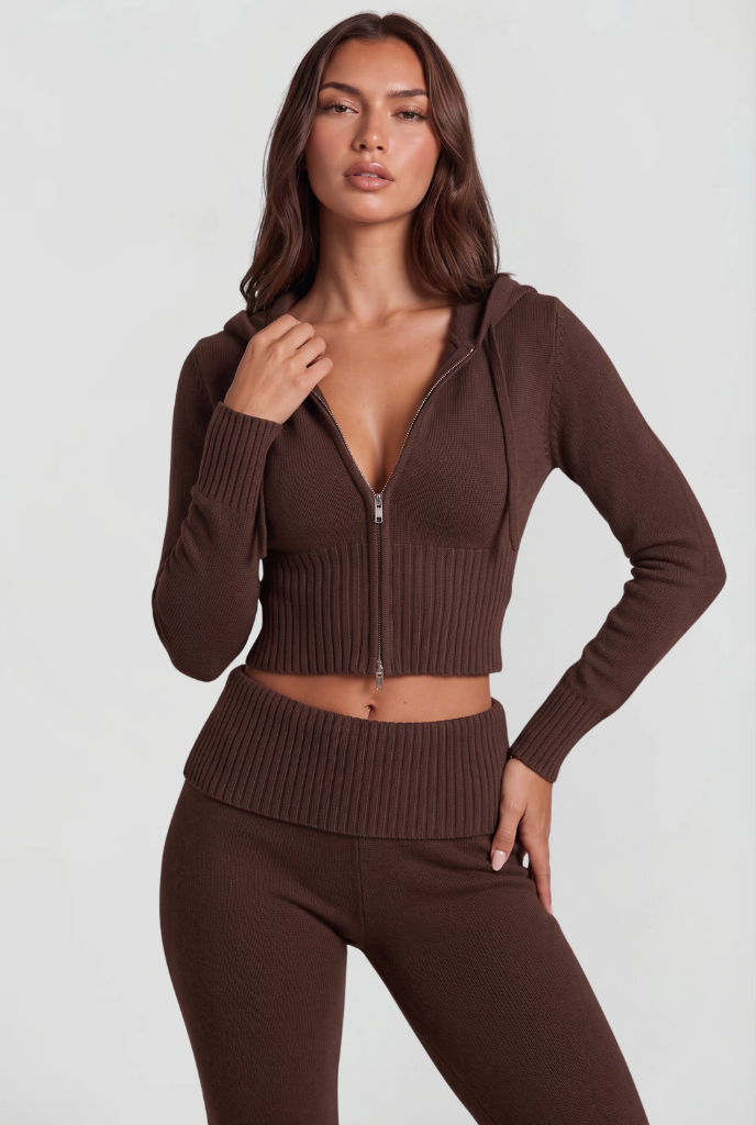 Completo Donna in Maglia Felpa con Zip Corta e Pantaloni Zampa