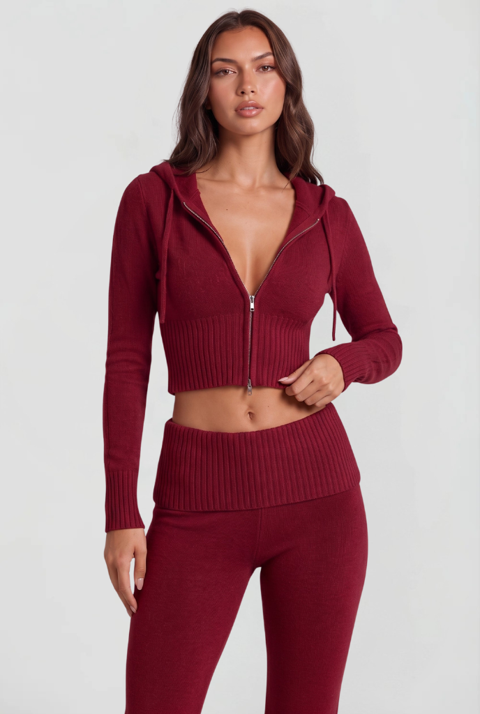 Completo Donna in Maglia Felpa con Zip Corta e Pantaloni Zampa