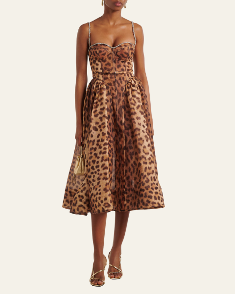 Aurazio Abito Midi Leopardato in Seta con Corsetto Strutturato da donna