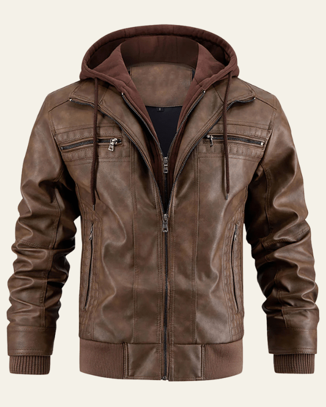 Aurazio Giacca Biker con Cappuccio in Pelle Vegana da Uomo