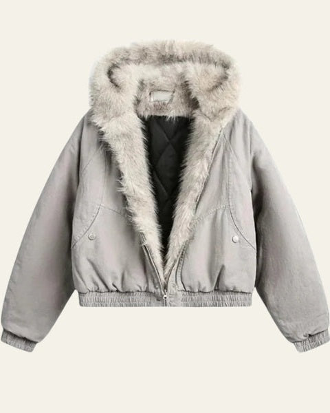 Giacca Bomber Donna con Cappuccio in Pelliccia Sintetica