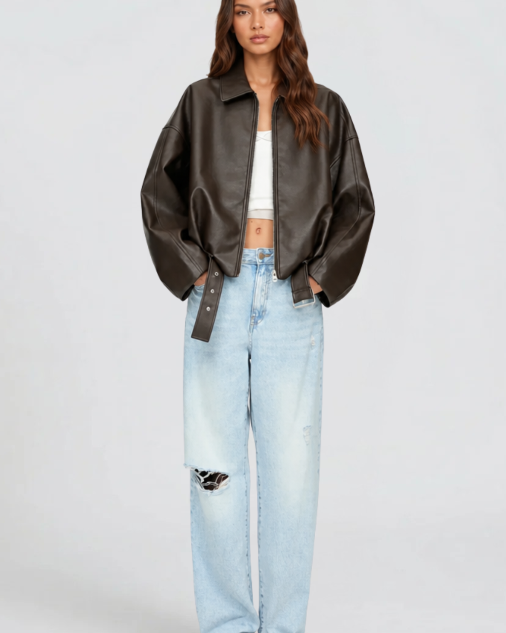 Giacca Donna in Pelle Oversize con Cintura Maniche Ampie
