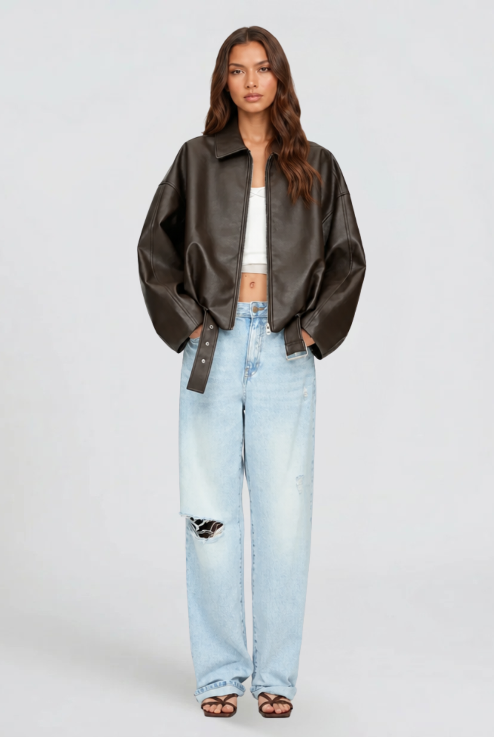 Giacca Donna in Pelle Oversize con Cintura Maniche Ampie