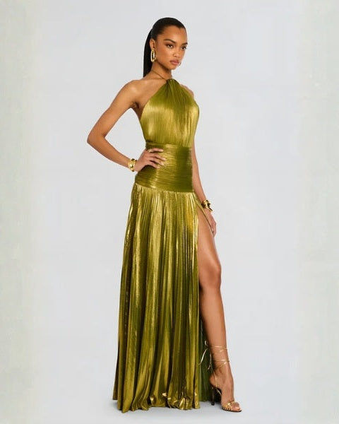 Abito Donna da Sera Lungo Metallizzato Scollo Halter Glamour