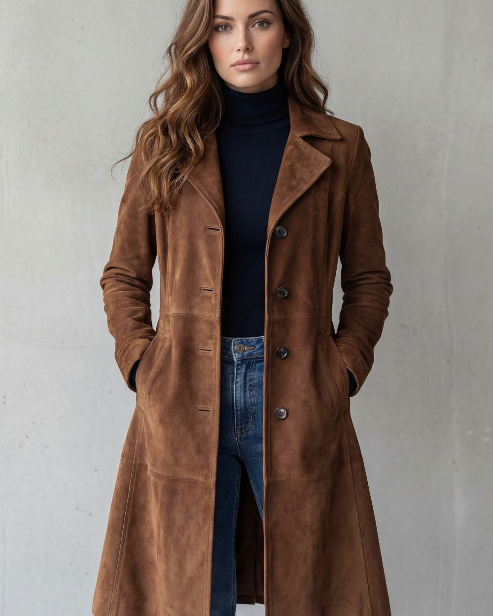 Cappotto Donna Lungo Effetto Camoscio Vintage Linea Longline