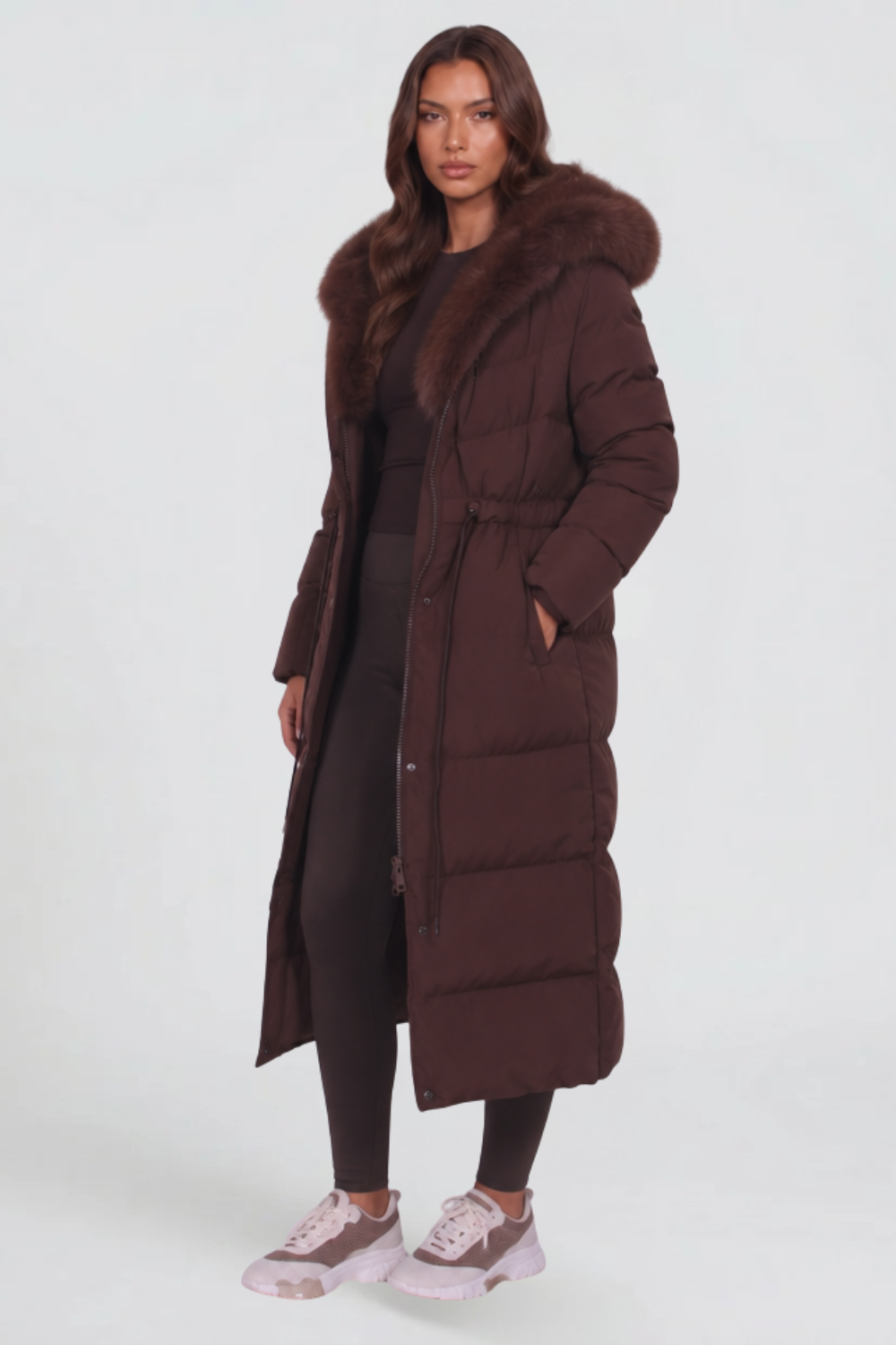 Cappotto Donna Imbottito alla Caviglia Cappuccio Vera Pelliccia