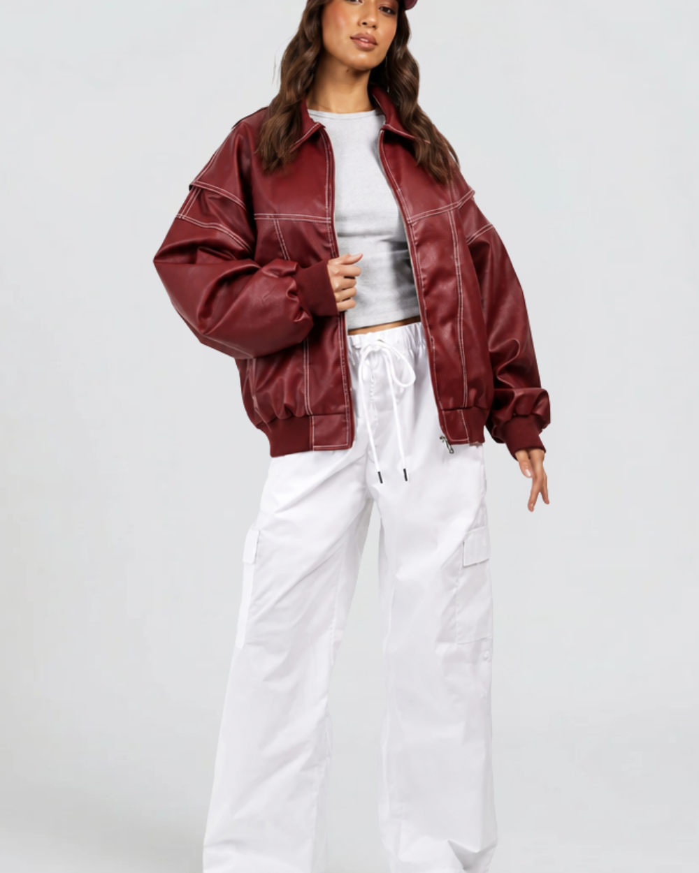 Giacca Bomber Donna in Pelle Oversize con Orlo Elastico