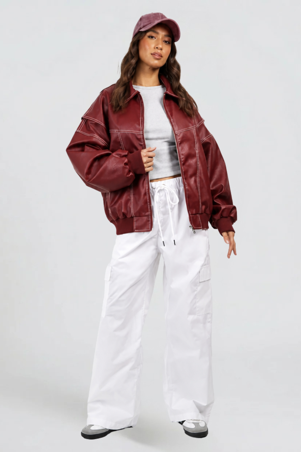 Giacca Bomber Donna in Pelle Oversize con Orlo Elastico