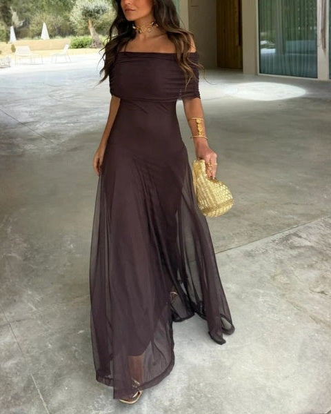 Abito Lungo Donna in Mesh Spalle Scoperte Eleganza Luminosa