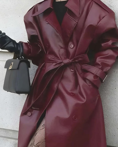 Trench Donna in Pelle Vegana Lungo con Cintura Lucido