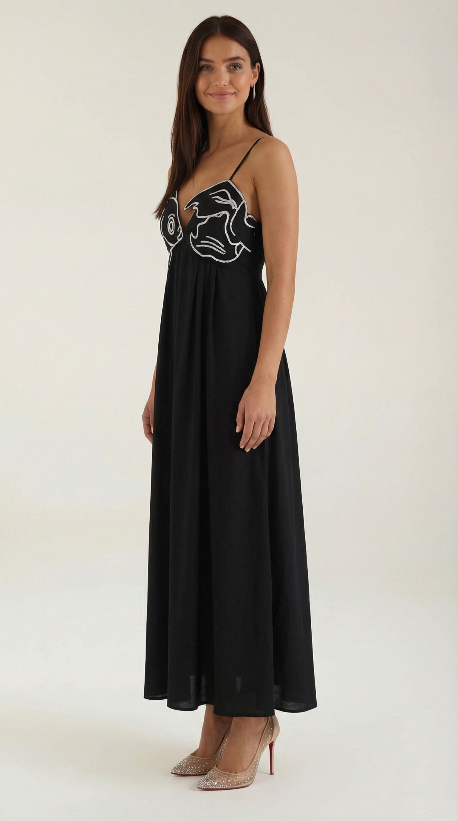 Abito Lungo Donna Ricamato Boho Spalline Sottili Fluido