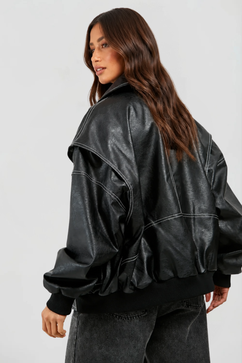 Giacca Bomber Donna in Pelle Oversize con Orlo Elastico