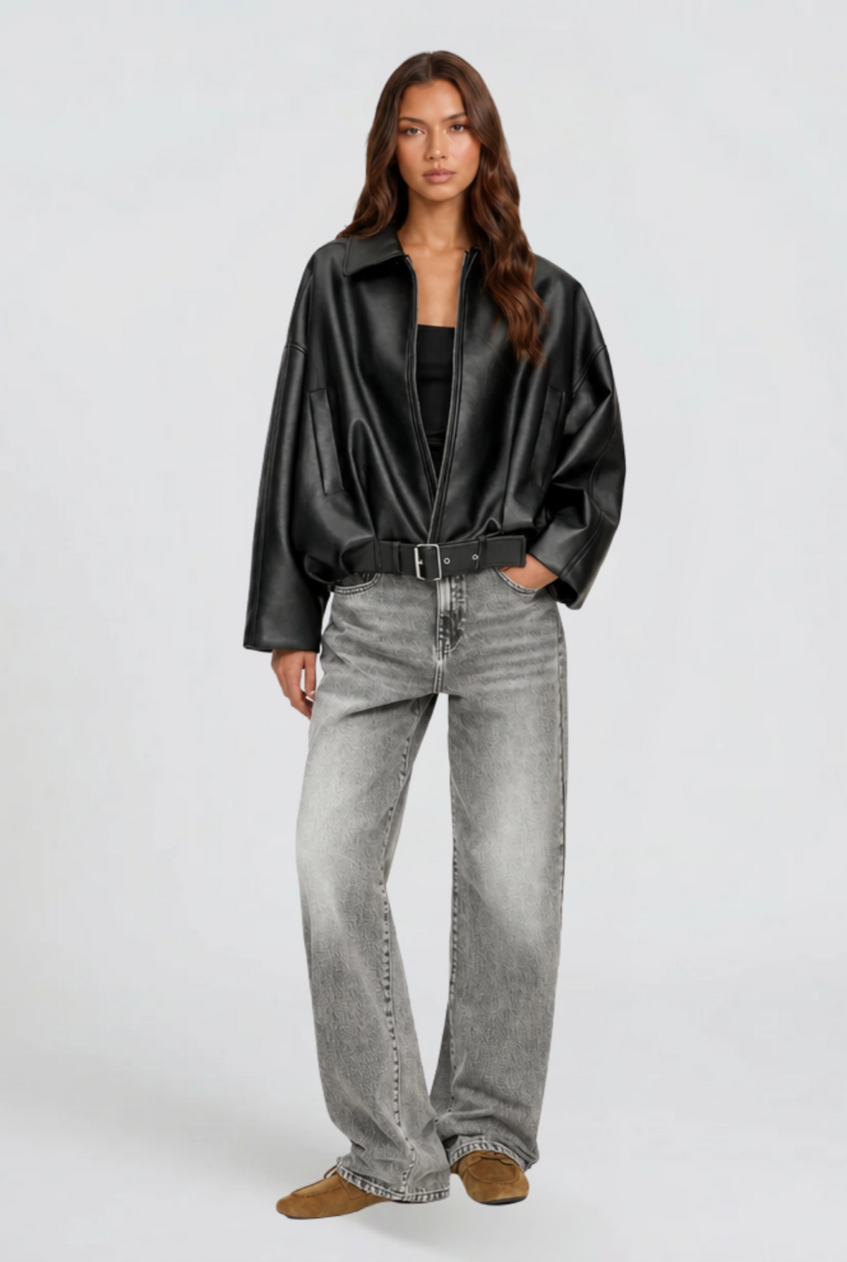 Giacca Donna in Pelle Oversize con Cintura Maniche Ampie