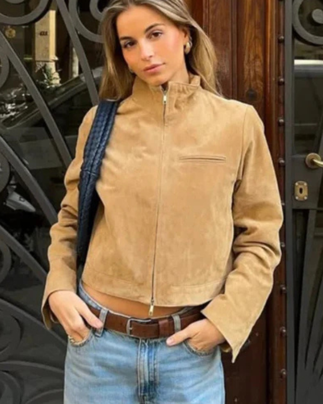 Giacca Donna Corta in Pelle Vegana Scamosciata Collo a Stand