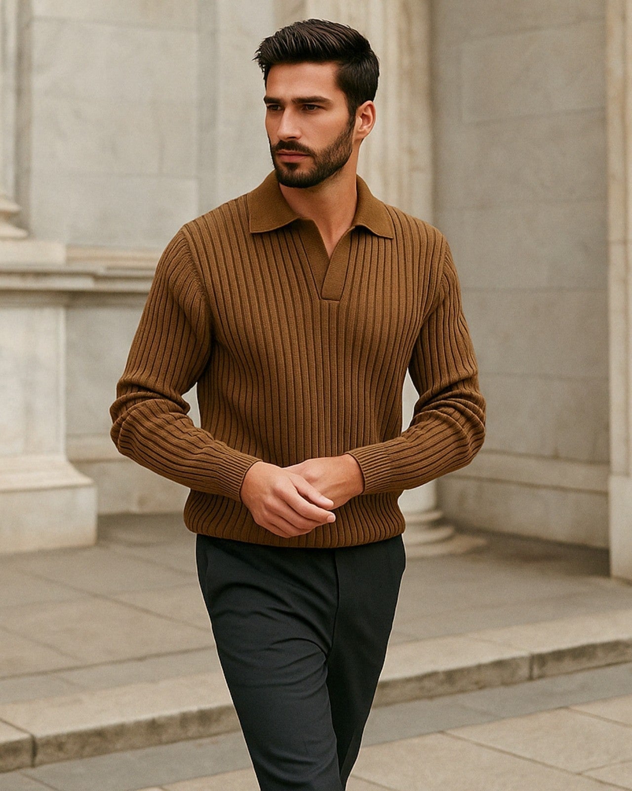 Aurazio Polo in maglia a coste in misto lana per uomo