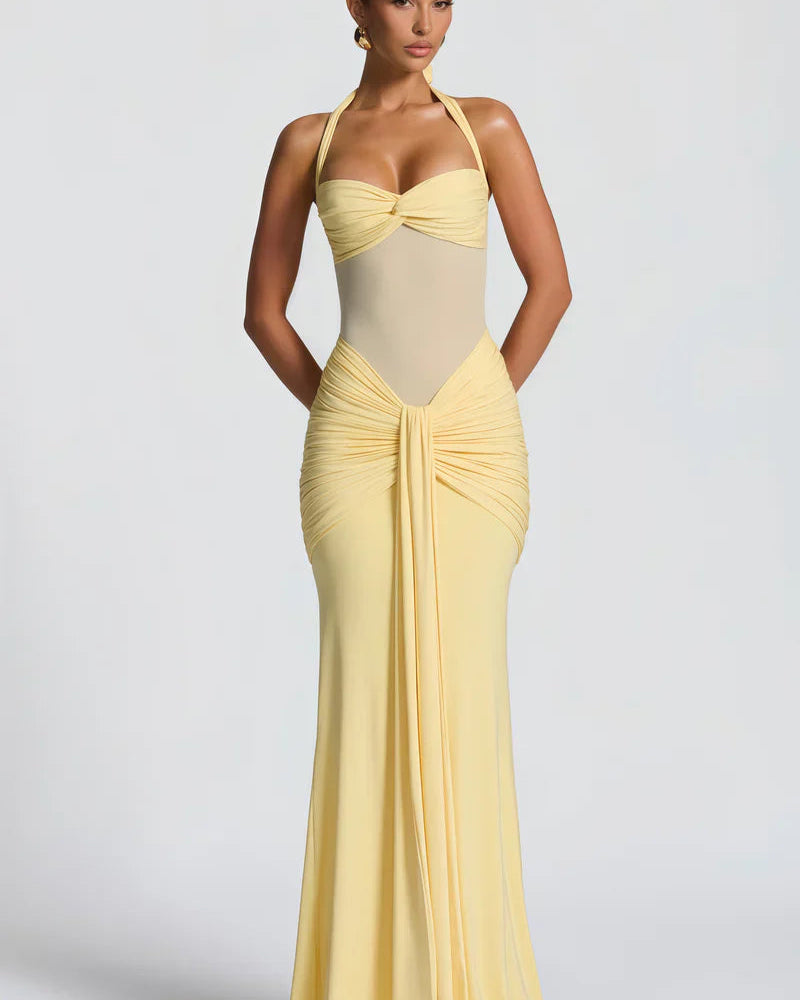 Abito Lungo Donna Scollo Halter Drappeggio Mesh Elegante