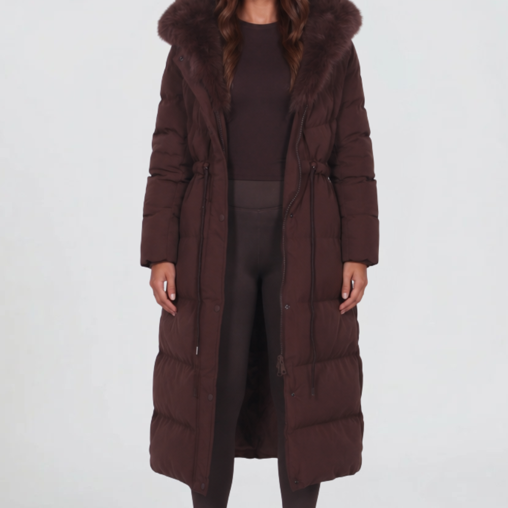Cappotto Donna Imbottito alla Caviglia Cappuccio Vera Pelliccia