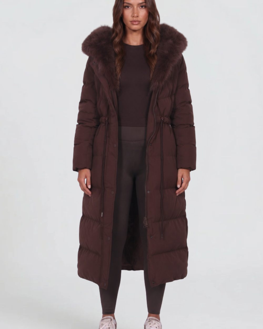 Cappotto Donna Imbottito alla Caviglia Cappuccio Vera Pelliccia