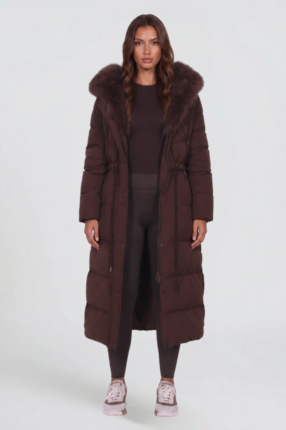 Cappotto Donna Imbottito alla Caviglia Cappuccio Vera Pelliccia