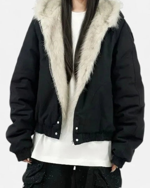 Giacca Bomber Donna con Cappuccio in Pelliccia Sintetica